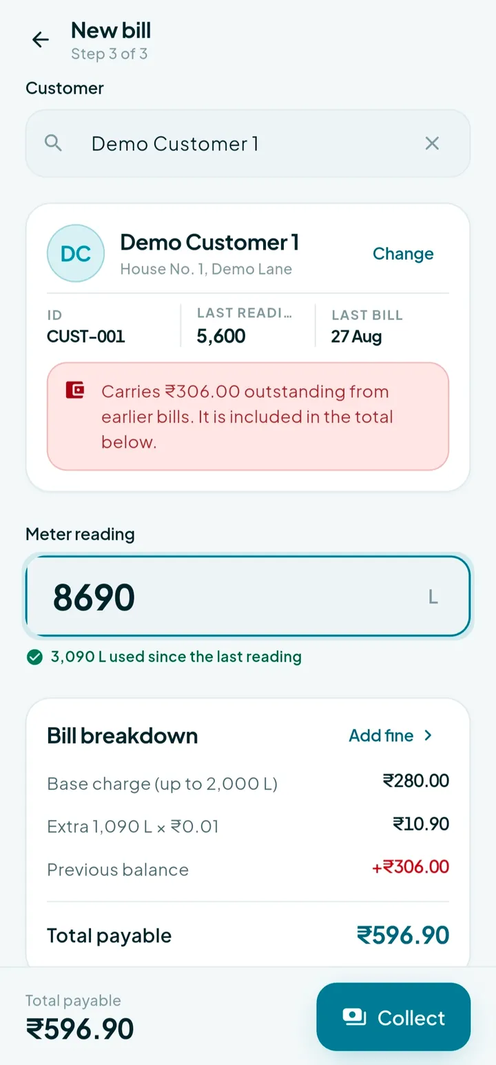 The generate bill screen with a live bill breakdown