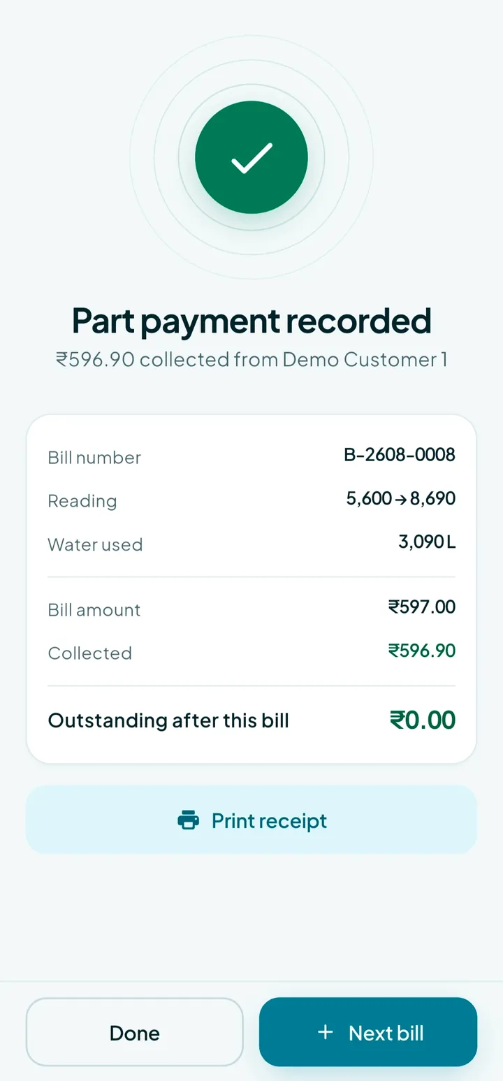 A completed bill with print and share actions