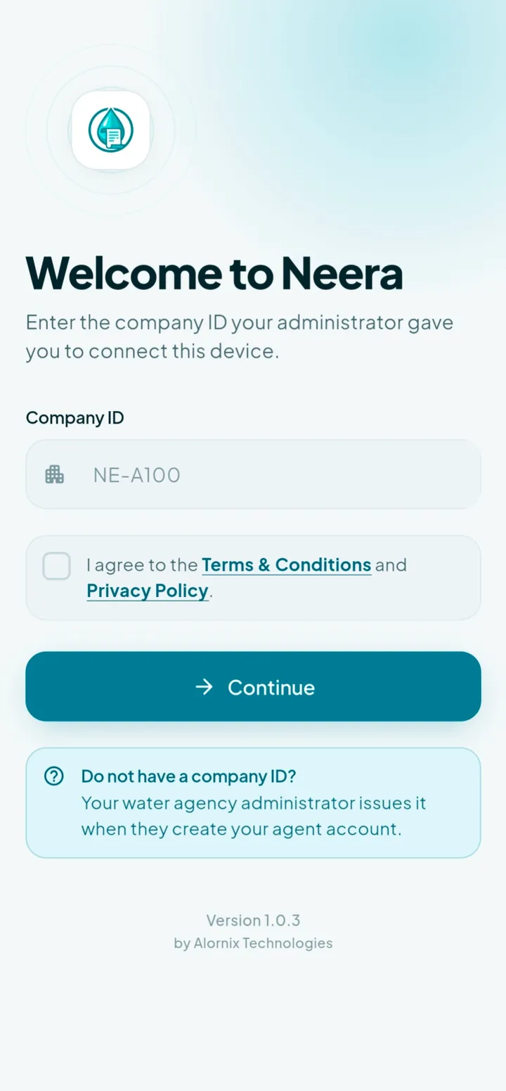 The Neera app asking for a company ID on first launch