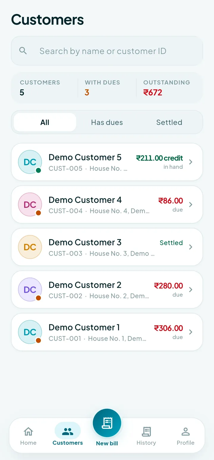 The customer list in the Neera app, showing balances